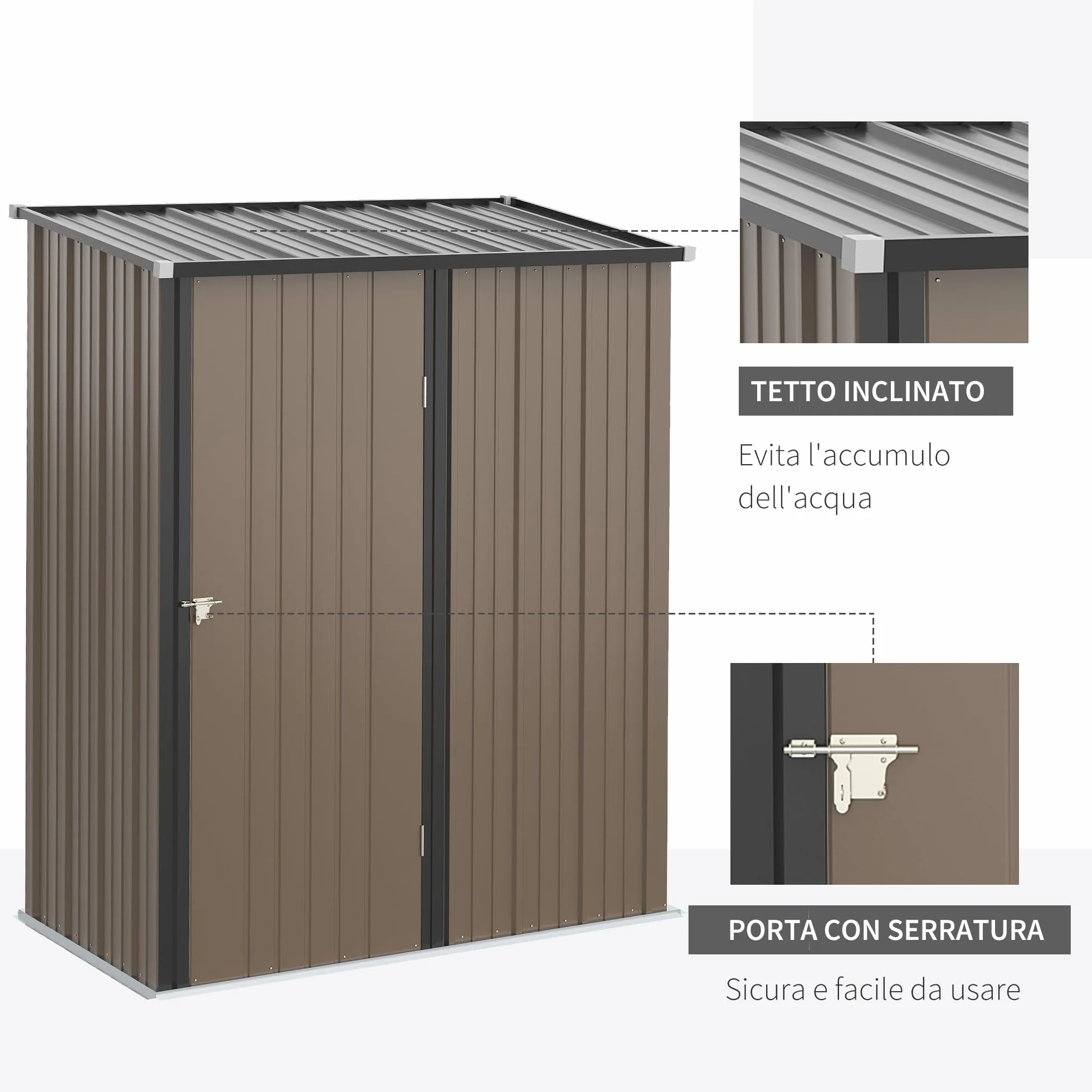 Outsunny Casetta da Giardino 1.34m² Acciaio Zincato Capanno Porta Attrezzi 161.5x94.5x196cm Marrone