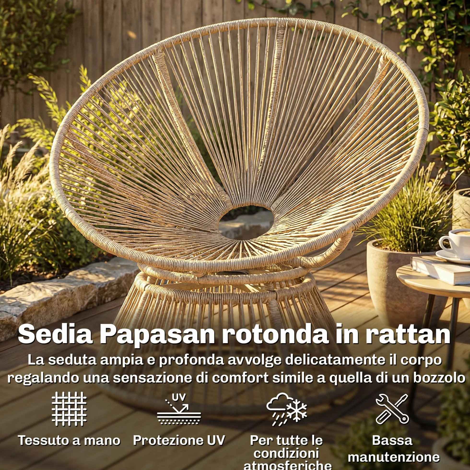 Outsunny Poltrona Papasan in Rattan Girevole a 360°, Poltrona da Giardino Girevole con Cuscino Oversize da 110 cm e Struttura in Acciaio, per Interni ed Esterni, Bianco Crema