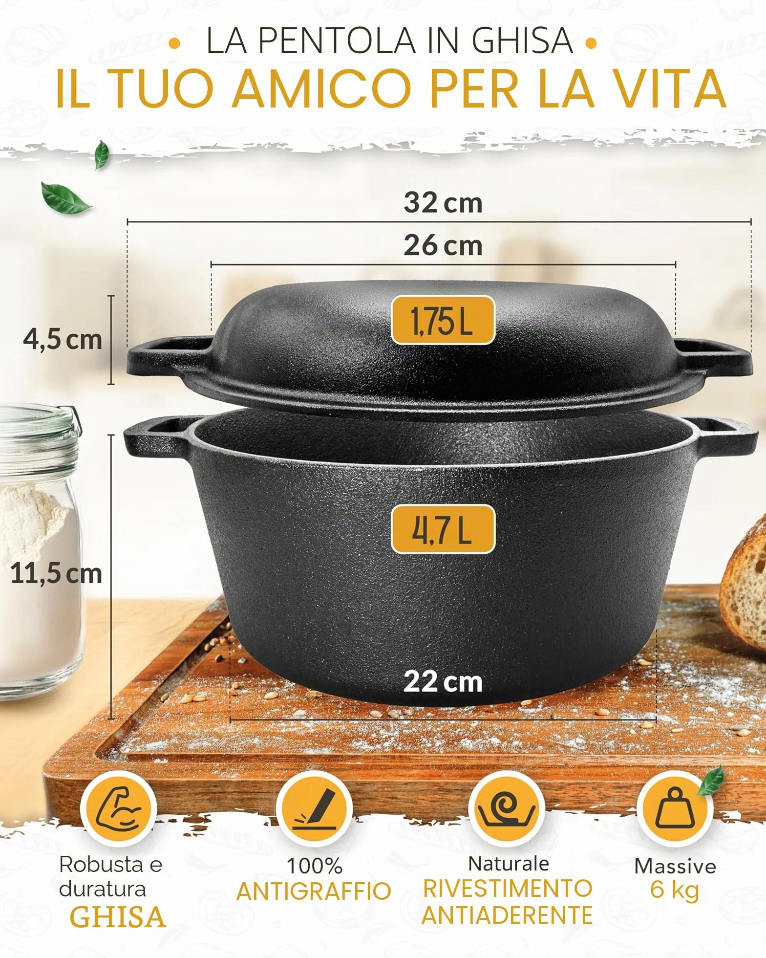 KRUSTENZAUBER Pentola in ghisa con coperchio – 26 cm Dutch Oven come teglia in ghisa o pentola per pane – Cast Iron Pot come pentola di alta qualità con ricette