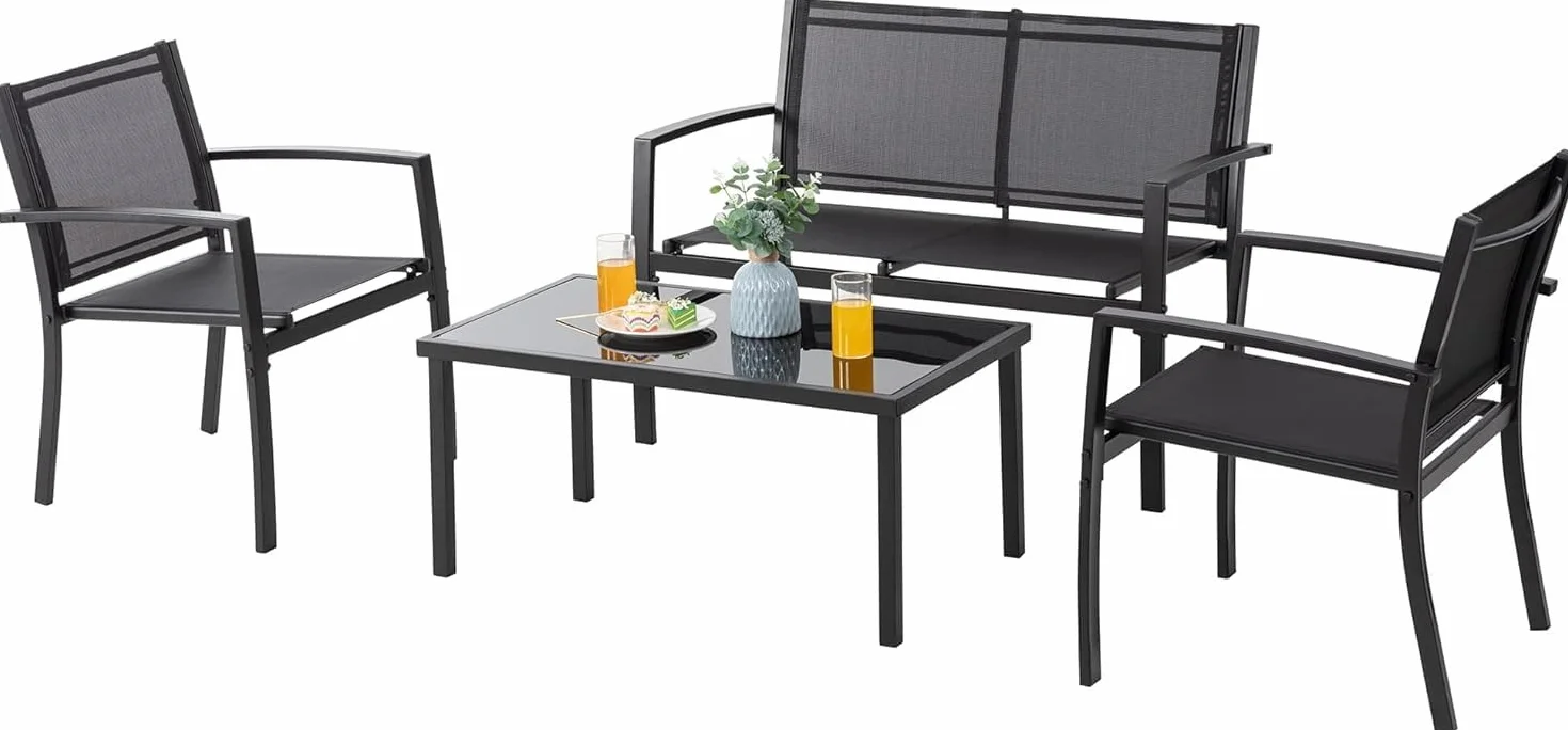 Salotto Da Esterno In Acciaio 2 Poltrone 1 Divano 1 Tavolo Giardino Esterno Con Seduta In Textilene Patio Salottino Relax Primavera Estate Mobili Estivi 4 Posti Tavolo Ripiano In Vetro - Nero