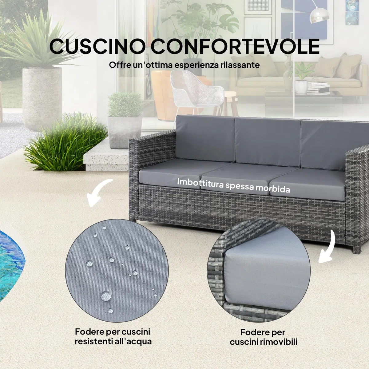 Outsunny Divanetto da Esterno 3 Posti in Rattan PE, Divano da Esterno con Cuscini Imbottiti e Sfoderabili, Struttura in Metallo per Giardino, Patio e Terrazzo, 185x70x80 cm, Grigio