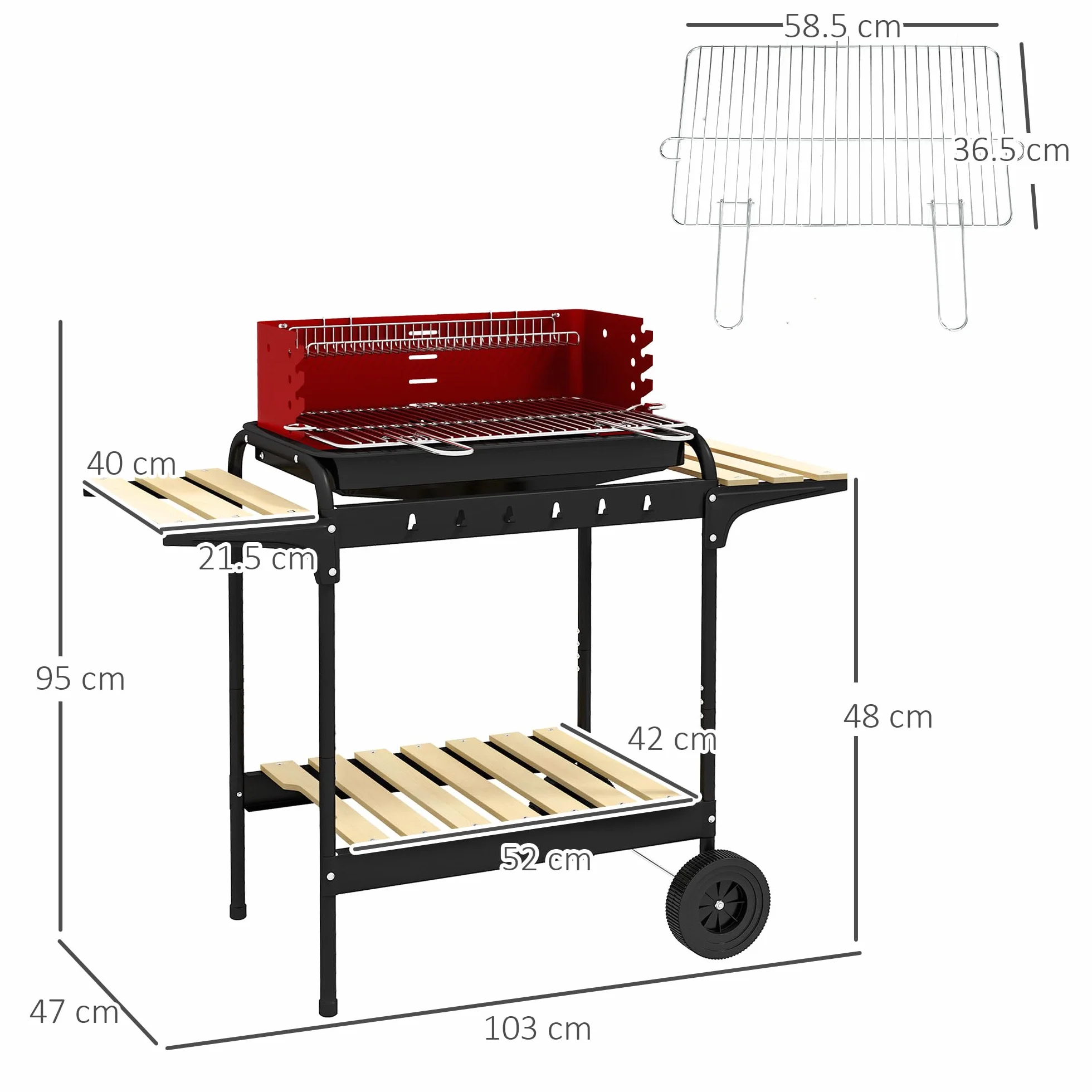 Outsunny Barbecue a Carbonella con Ruote, Griglia Regolabile, 3 Ripiani, 103x47x95 cm, Rosso