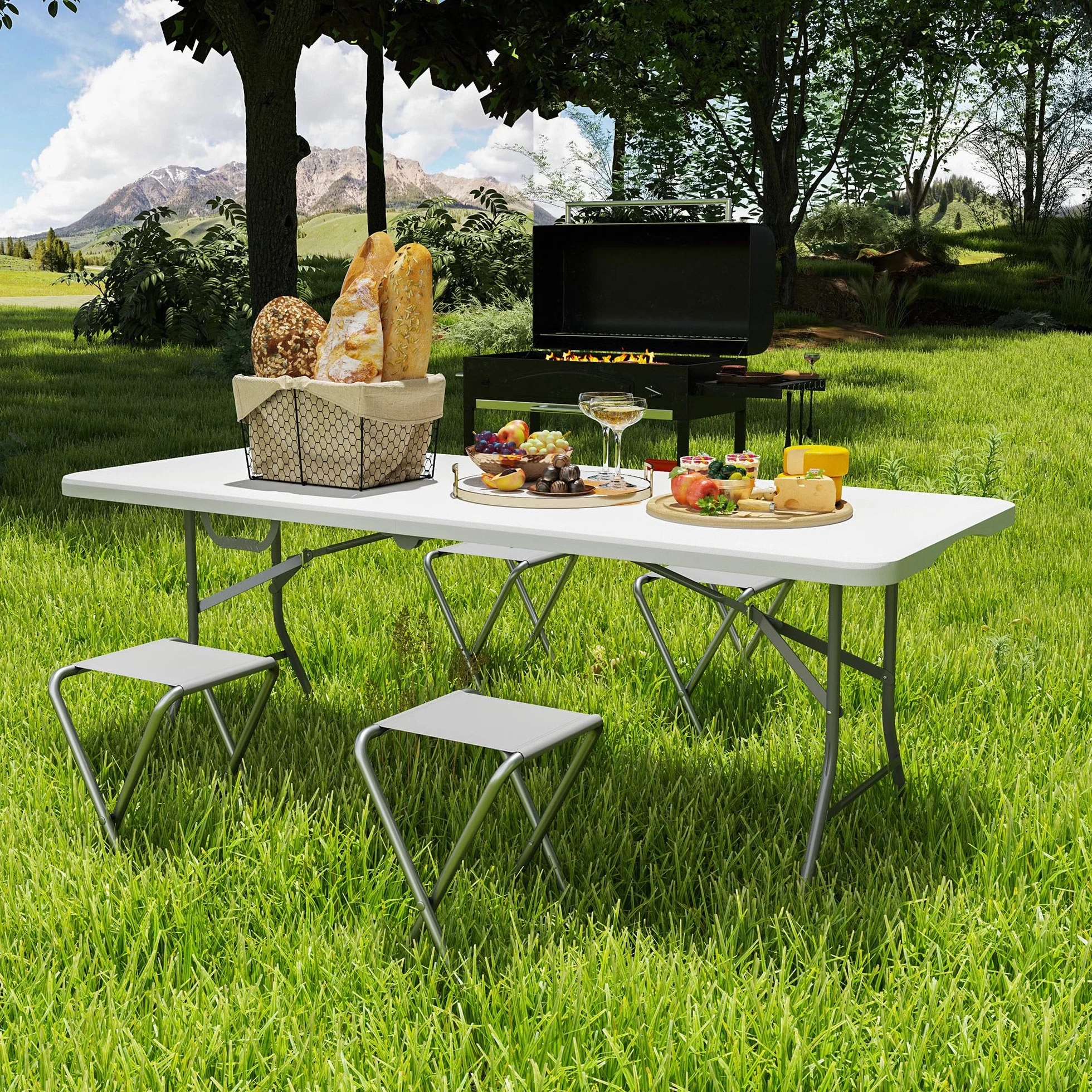 Outsunny Tavolo da Campeggio Pieghevole 180x74x74 cm Bianco, Tavolino da Esterno con Telaio in Metallo