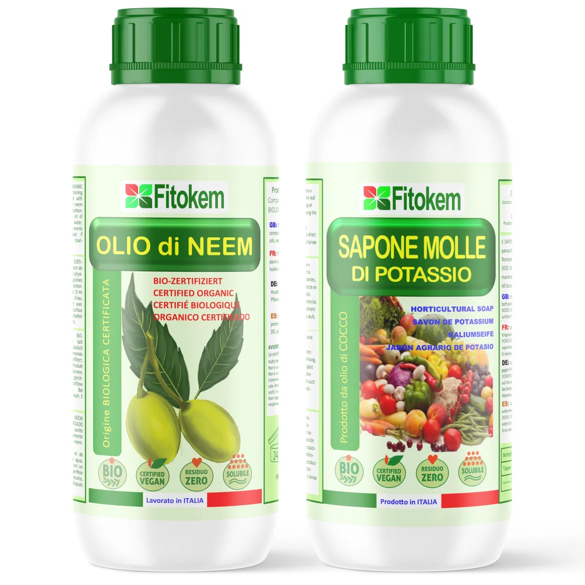 Fitokem Sapone Molle di Potassio 1lt e Olio di Neem 1lt Kit Protezione Piante Corroborante Naturale per Orto e Giardino contro Afidi e Cocciniglia Residuo Zero Made in Italy