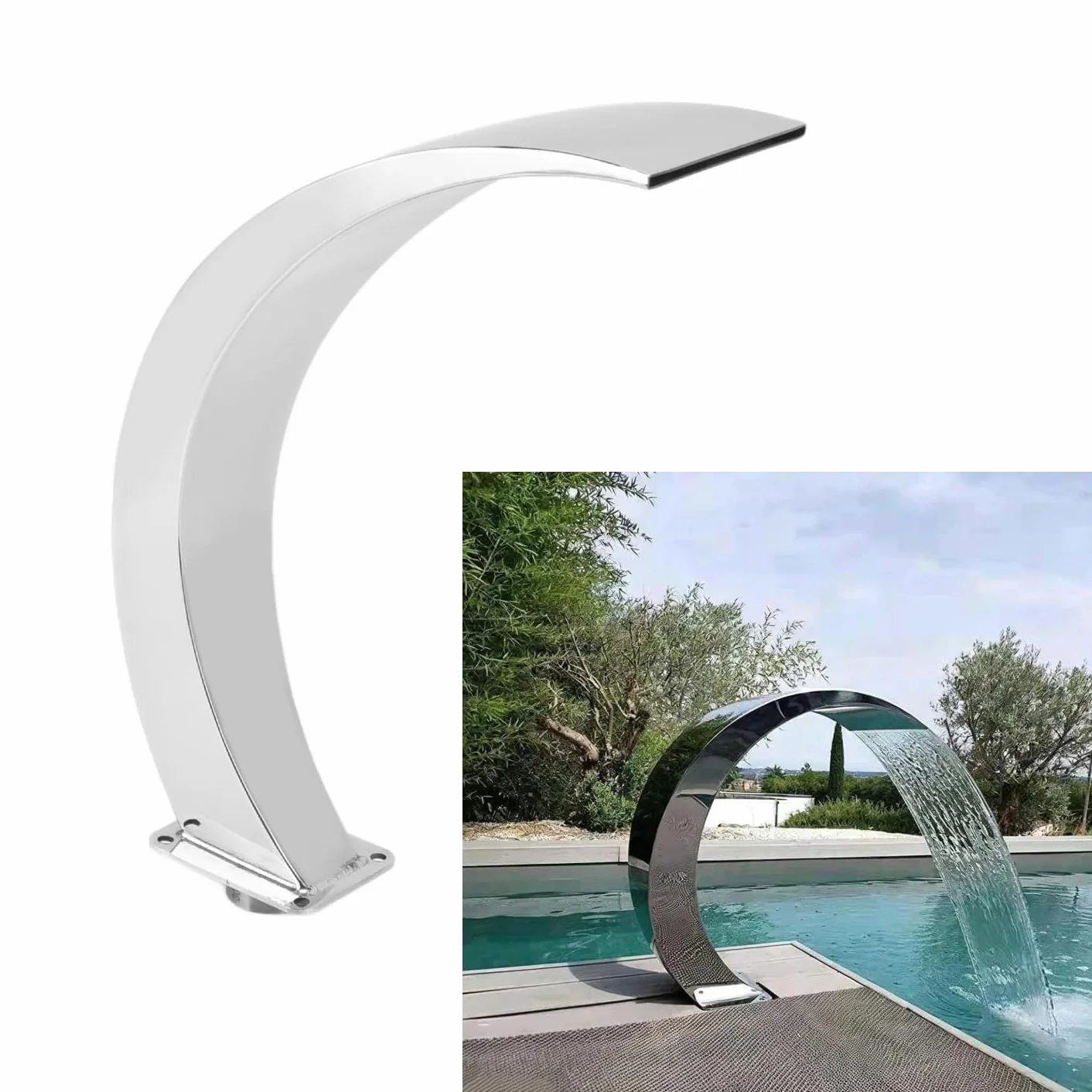 flexman Fontana a Cascata per Piscina, Altezza 14,3 Pollici, Fontana per Piscina Esterna Curva in Acciaio Inossidabile con Filettatura Interna G1 per Piscine, Piscina da Giardino