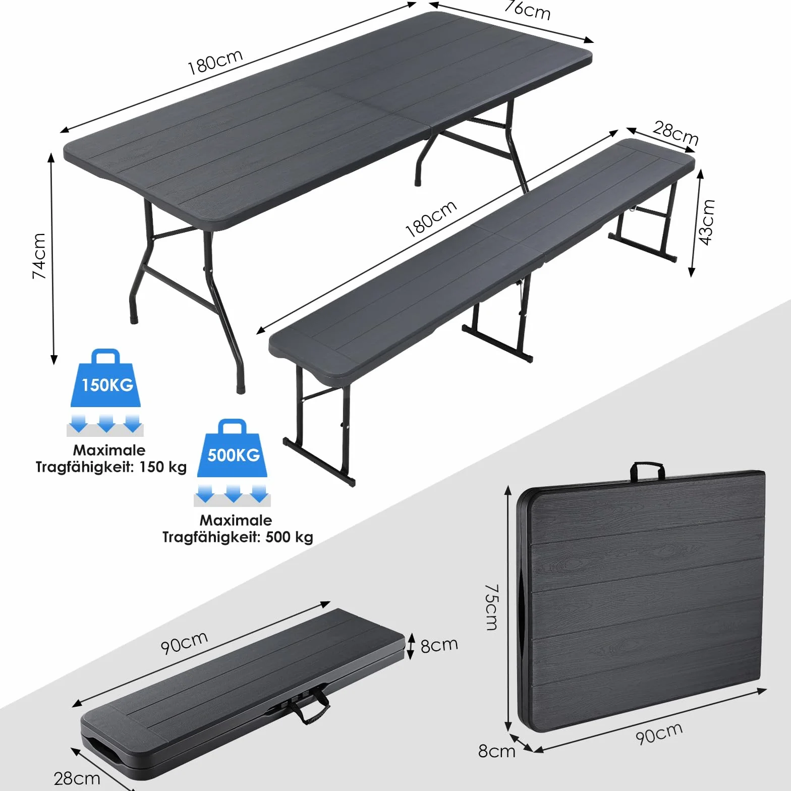 Set Tenda da Birra 3 Pezzi 180cm, Tavolo e 2 Panche Pieghevoli, Mobili da Giardino in Plastica HDPE