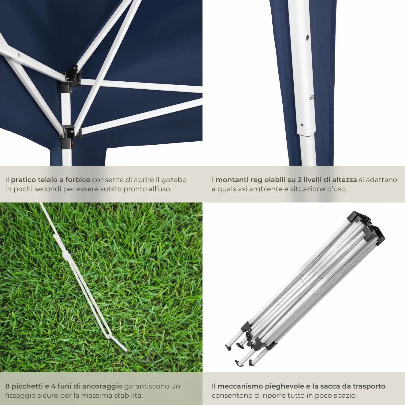 Tectake Gazebo da Giardino Regolabile 300x300x255 cm Blu - Padiglione Esterno Resistente con Telaio in Acciaio, Idrorepellente, UV