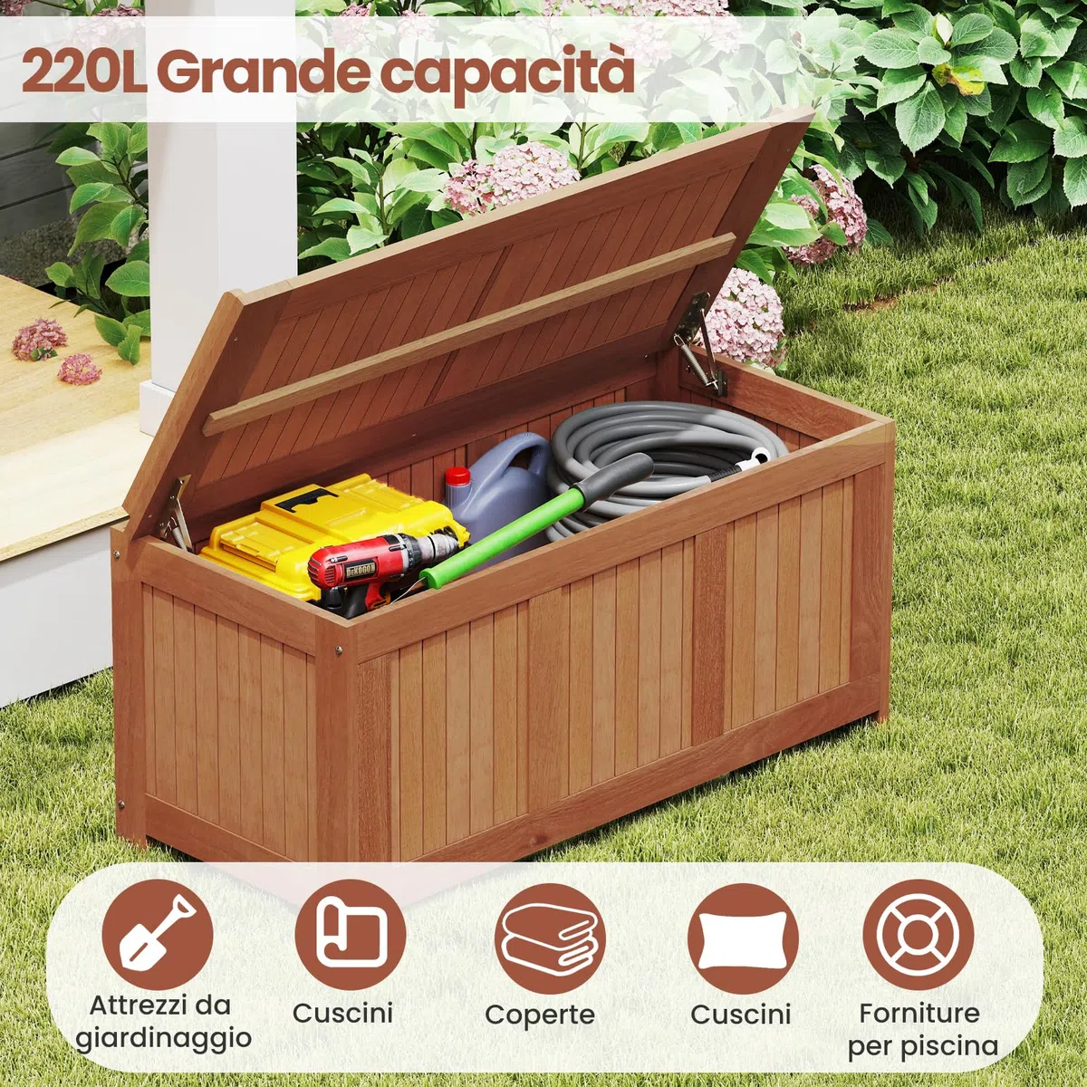 COSTWAY Baule da Giardino 220L, 3 in 1 Cassapanca Contenitore in Legno Massello con Coperchio Ribaltabile e Bordi Rialzati, Panca Portaoggetti per Interni e Esterni, 113,5 x 52 x 58,5 cm