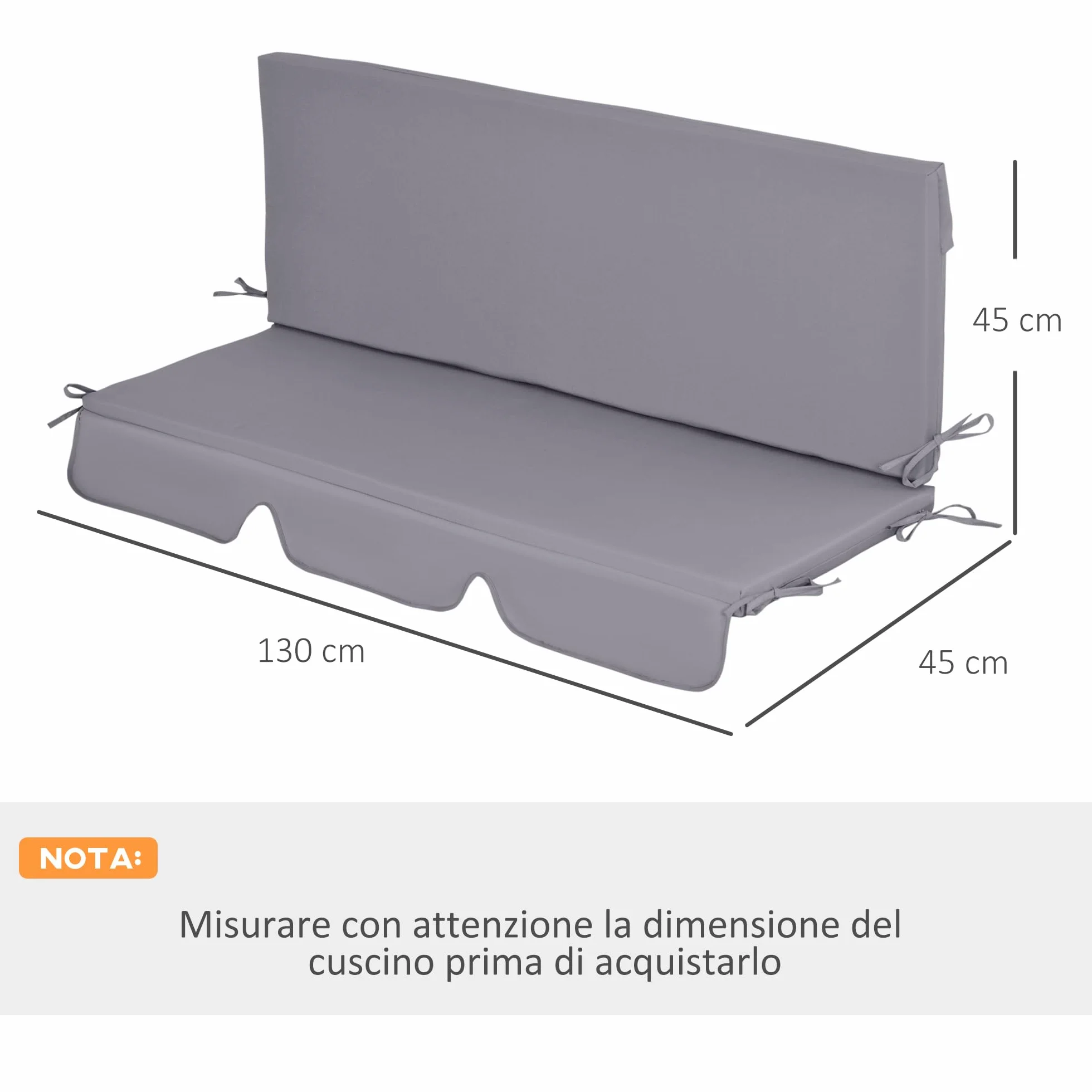 Outsunny Cuscini da Esterno in Gommapiuma e Poliestere per Dondolo da Giardino 3 Posti con Lacci di Fissaggio, 2 Pezzi da 130x45x5 cm, Grigio Scuro