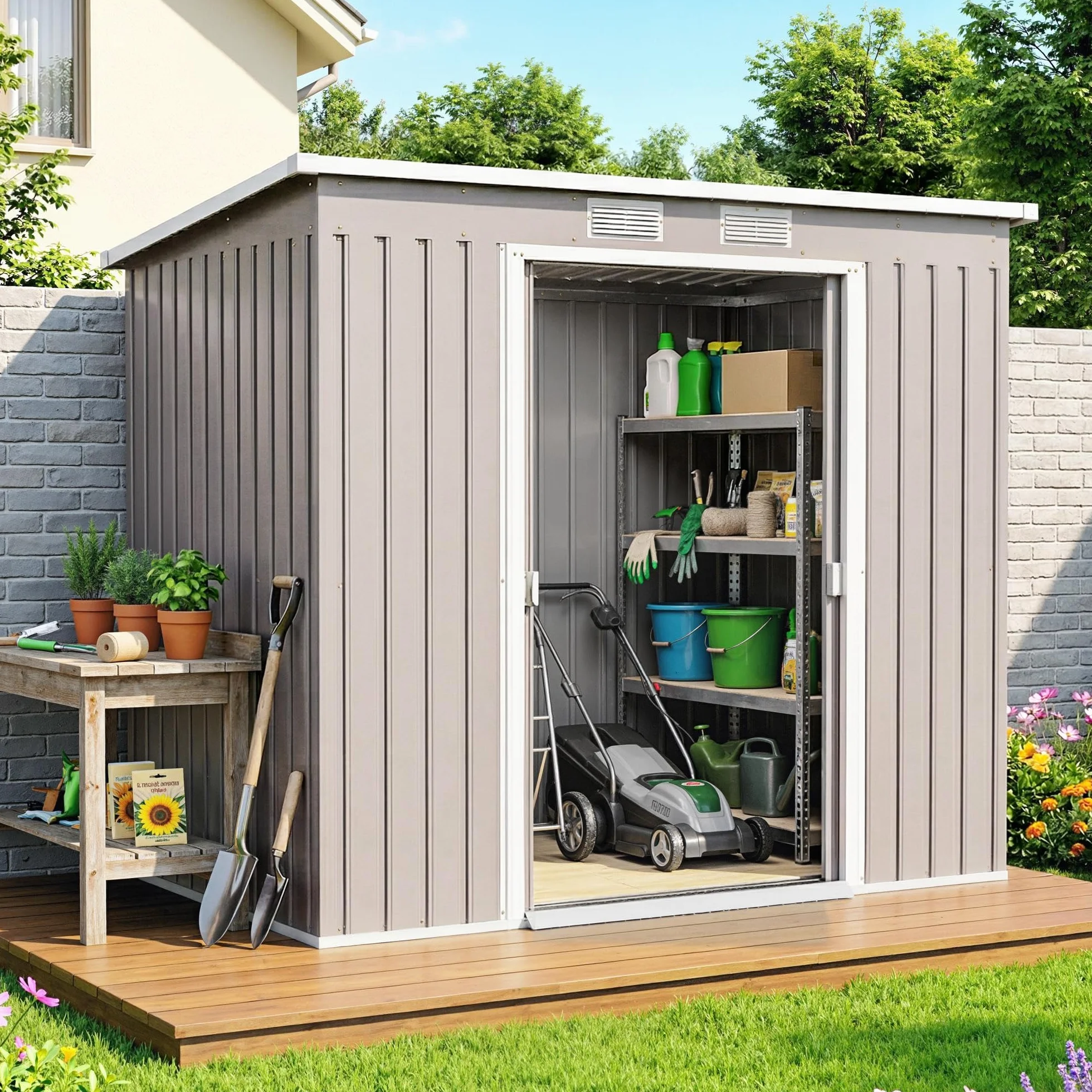 Outsunny Casetta da Giardino 2.42m² Acciaio Zincato con Kit Fondazione 213x130x172 cm Grigio