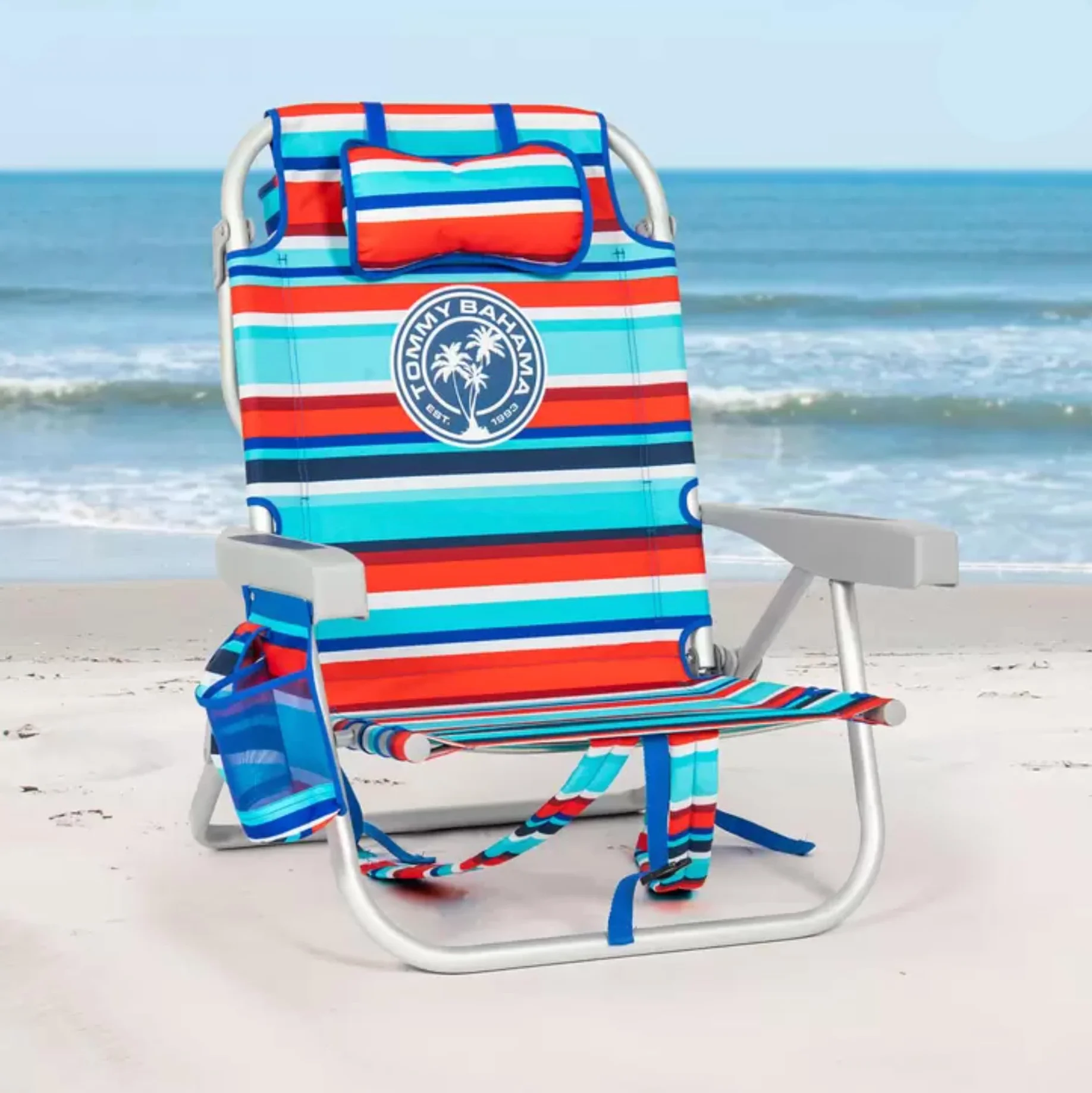 Tommy Bahama Sedia da Spiaggia Zaino Modello 2025 – Pieghevole, Regolabile e Leggera | 5 Posizioni | Design Tropicale | Struttura in Alluminio | Righe Rosse/Verde Acqua