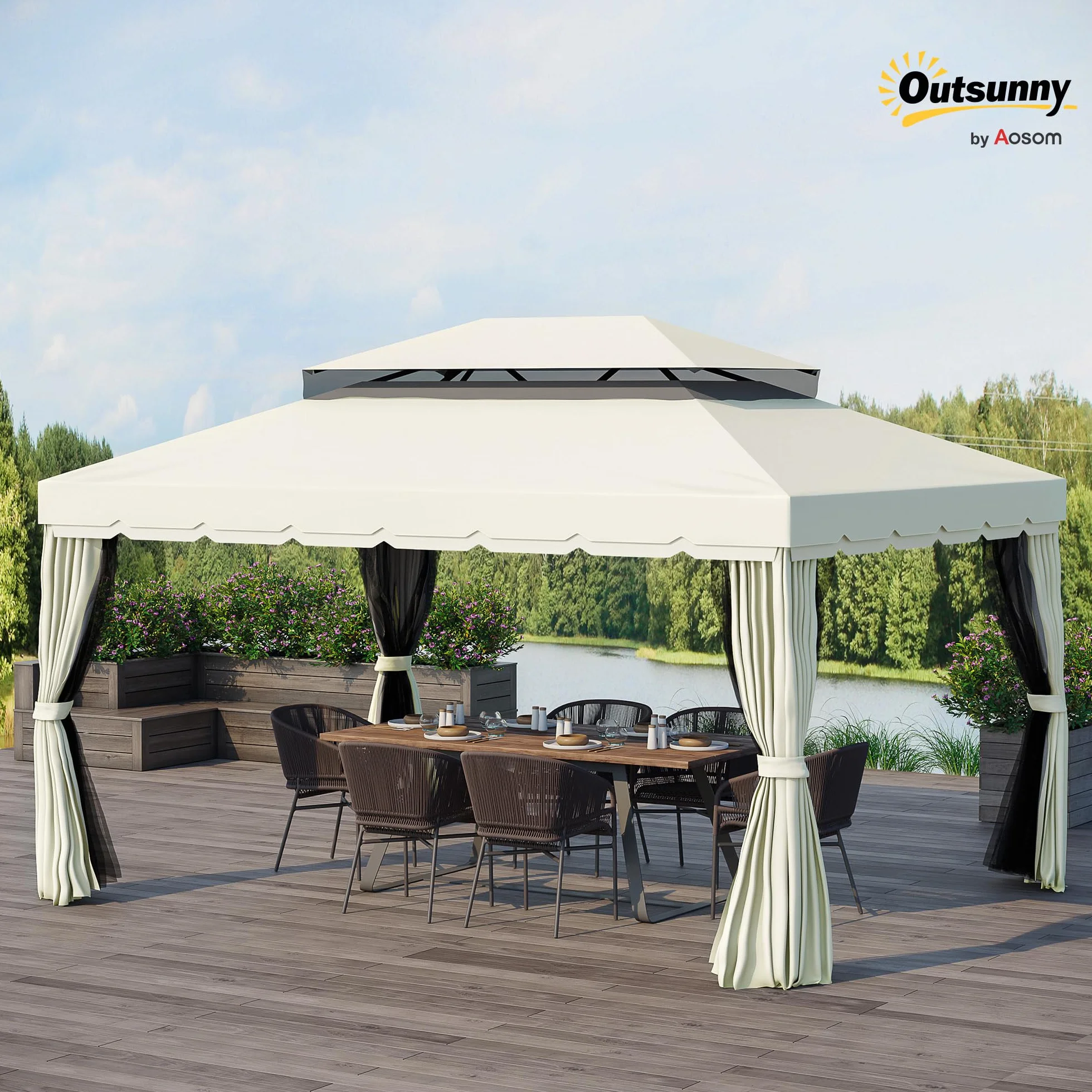 Outsunny Gazebo da Giardino 4x3 m con Zanzariera e Tende Parasole, Doppio Tetto, Anti UV, Alluminio, Crema