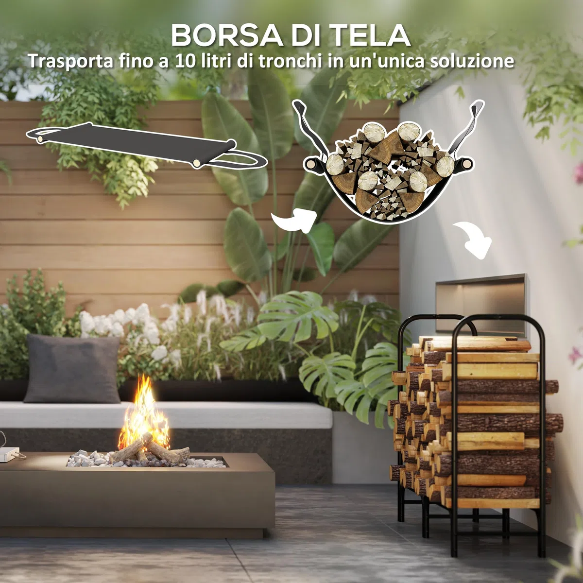 Outsunny Portalegna da Esterno in Metallo Impermeabile Regolabile Legnaia da Interno Borsa di Tela 120x36x99 cm Nero