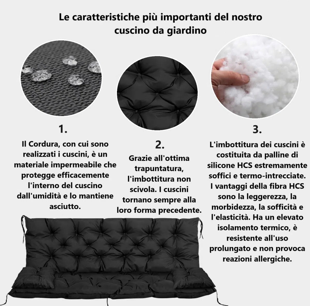 Cuscino 120x60x50 cm trapuntato impermeabile per panca o altalena + 2 piccoli cuscini