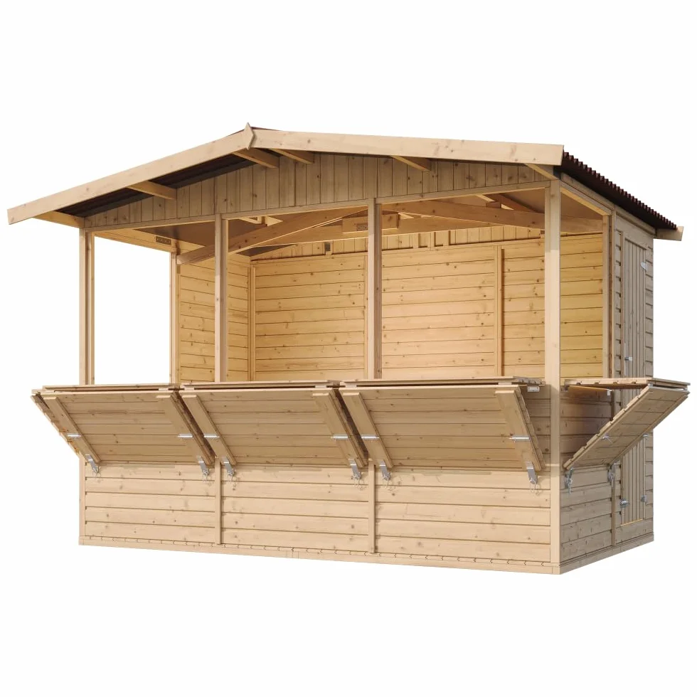 Capanno in Legno, Capanno Espositore in Legno, Chiosco da giardino per bar, CINQUE FINESTRE 336x263 cm/6 m2 Stand di vendita con bancone, Multifunzione cabina da giardino TIMBELA M150B