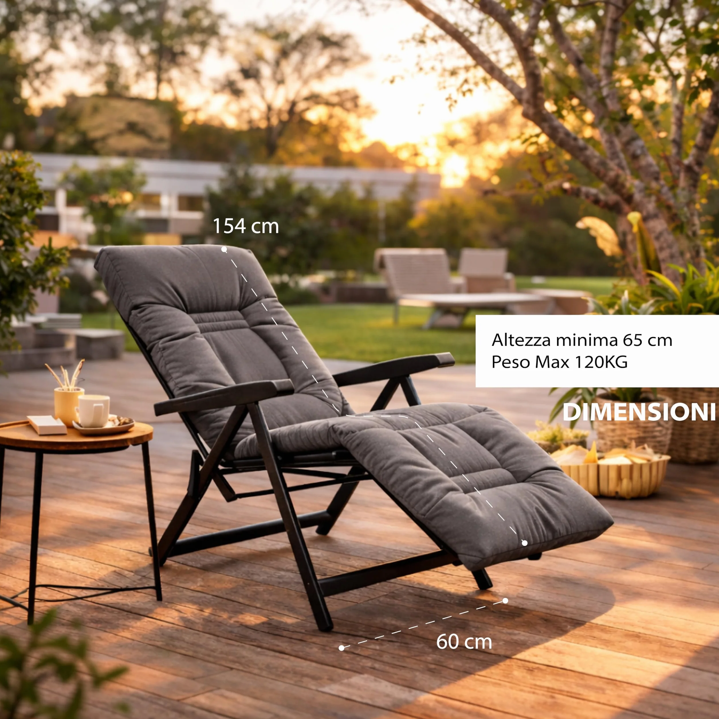 Sdraio Reclinabile Imbottita 154x60x65 cm 6 Posizioni Prolunga Estendibile Braccioli Ergonomici Struttura Acciaio Grigio Made in Italy