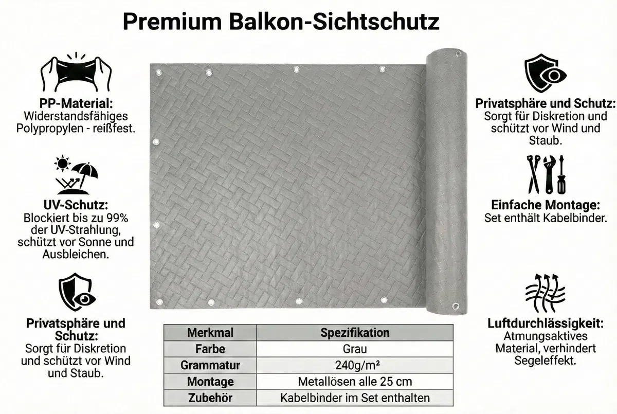 COVER IT Frangivista per Balcone Premium 240 g/m² 80 x 700 cm – Schermo Privacy Grigio