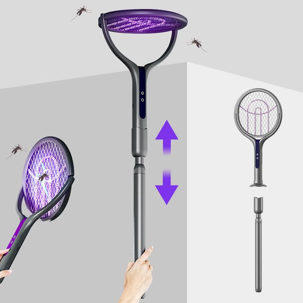 Scacciamosche elettrico 2800V 6 in 1 con testa rotante ricaricabile asta telescopica trappola insetti USB