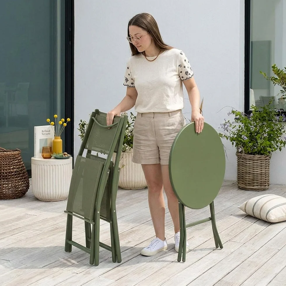 UBERTI. Set Bistrò Pieghevole Balcone Tavolino Rotondo Metallo 2 Sedie Metallo Textilene Verde Oliva