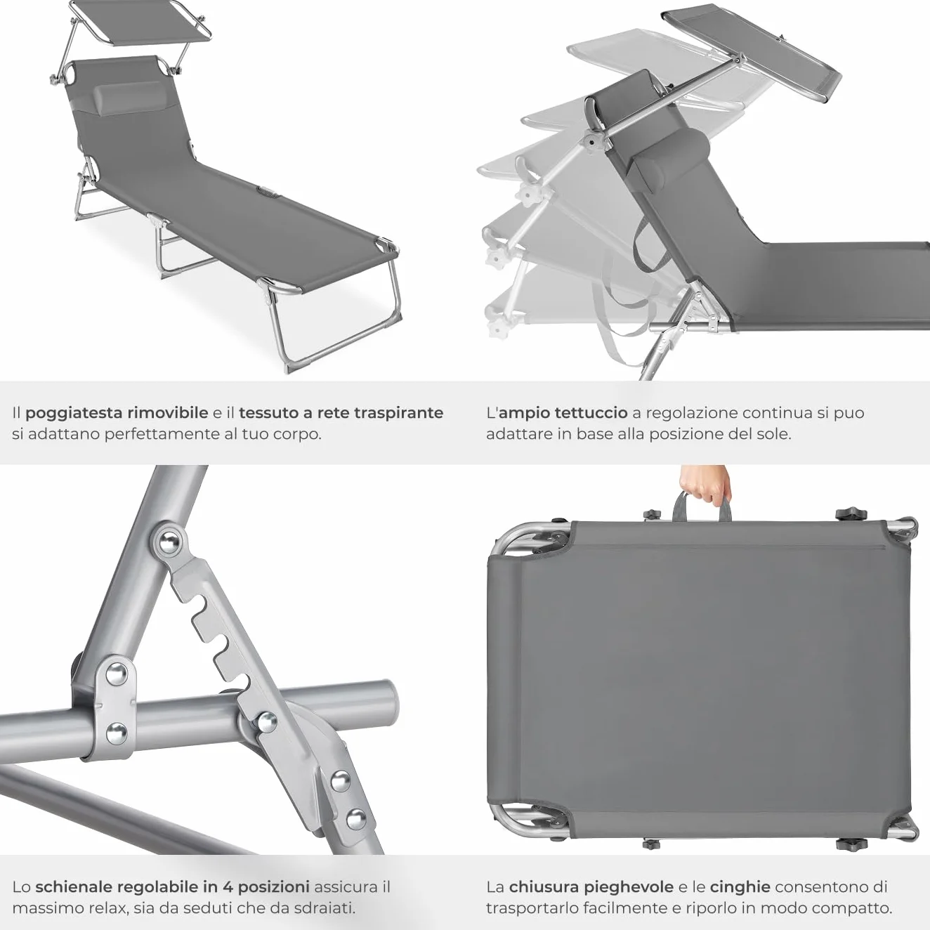 tectake Lettino Pieghevole con Parasole, Schienale Regolabile 4 Posizioni, Rivestimento Resistente - Grigio